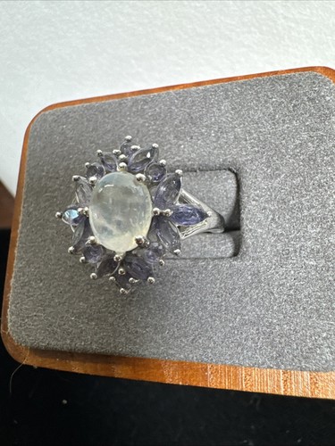 Anello in argento sterling 925 opale ovale tanzanite gemma gioiello misura 9 - Foto 3 di 10