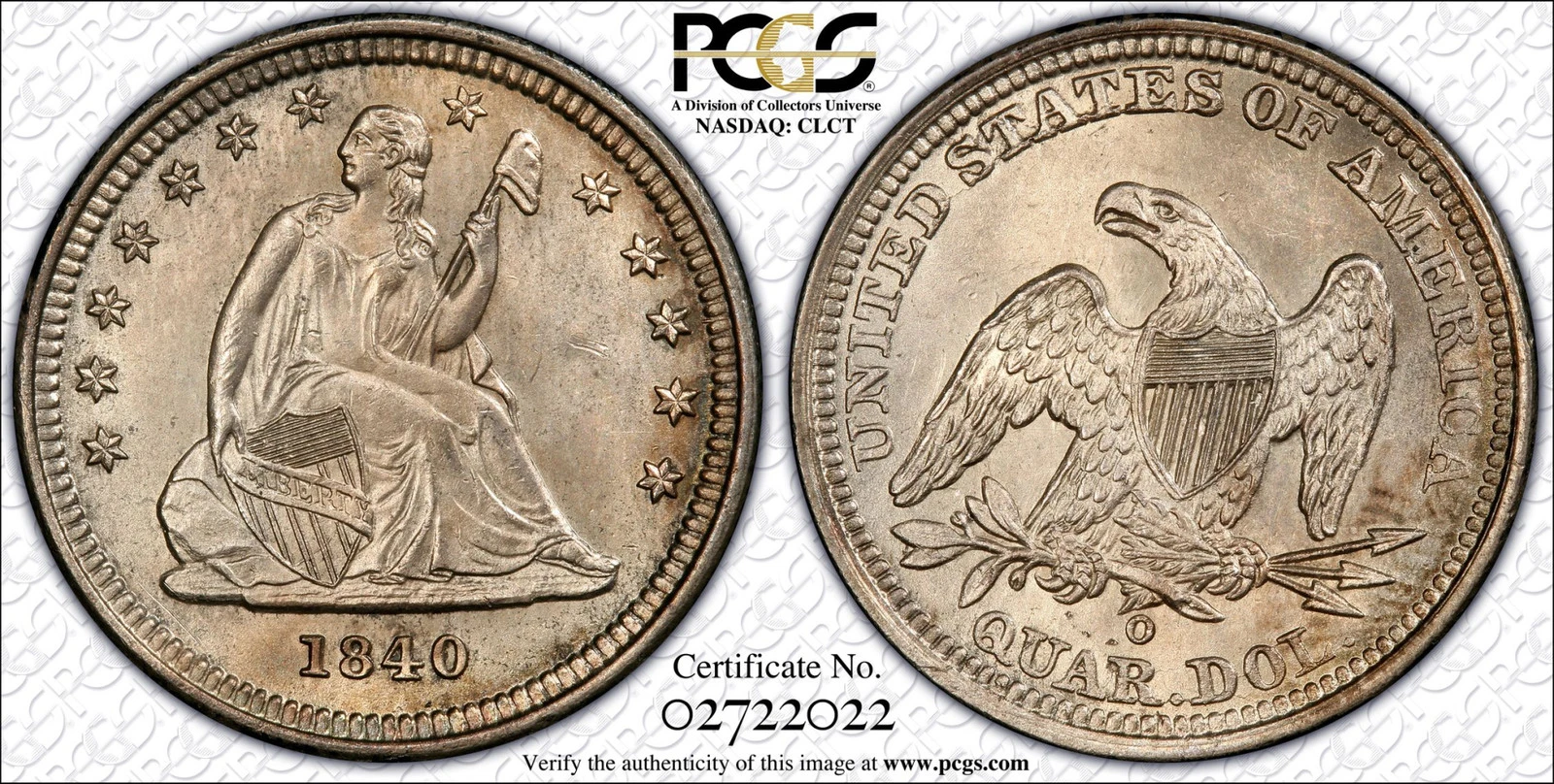 1840 O Seated Liberty Quarter PCGS MS-64 Drapery