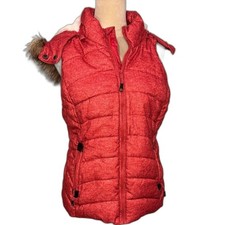 GreenTea Red Puffer Vest with Faux Fur Trim S...