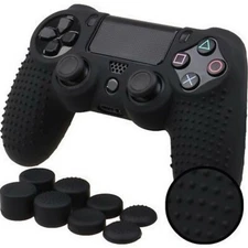 Silicone Grip Black Cover + (8) Multi Thumb Cap Non Slip For PS4 Controller 