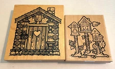 Stamp Oasis Log Cabin Birdhouses 1997 Vintage Wooden Rubber 2-Pc Lot Arts Crafts