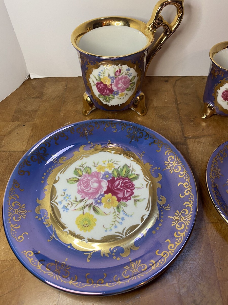 Antique 1932 Porcelain Ohashi Footed Tea Cup & Demitasse Set BLUE