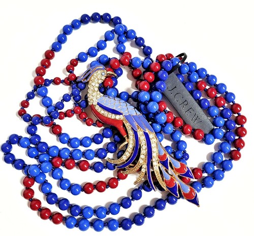 J.Crew Triple Strand Crystal Peacock Necklace Red Blue Light Gold Ox $175 NWT - Picture 10 of 12