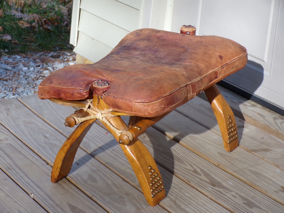 Vintage Egyptian Camel Saddle Stool Tooled Leather & Wood 