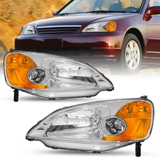 For 2001 2002 2003 Honda Civic Chrome Headlights Assembly Amber Corner Lamps Set