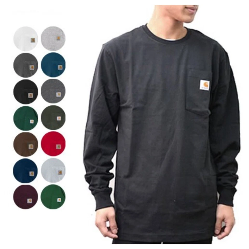 Camiseta Carhartt masculina manga longa caimento solto peso pesado bolso trabalho camiseta