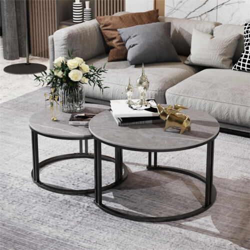 WISFOR Simple Nesting Table Circular Round Marble Tables Coffee Table White/Grey - Picture 7 of 19