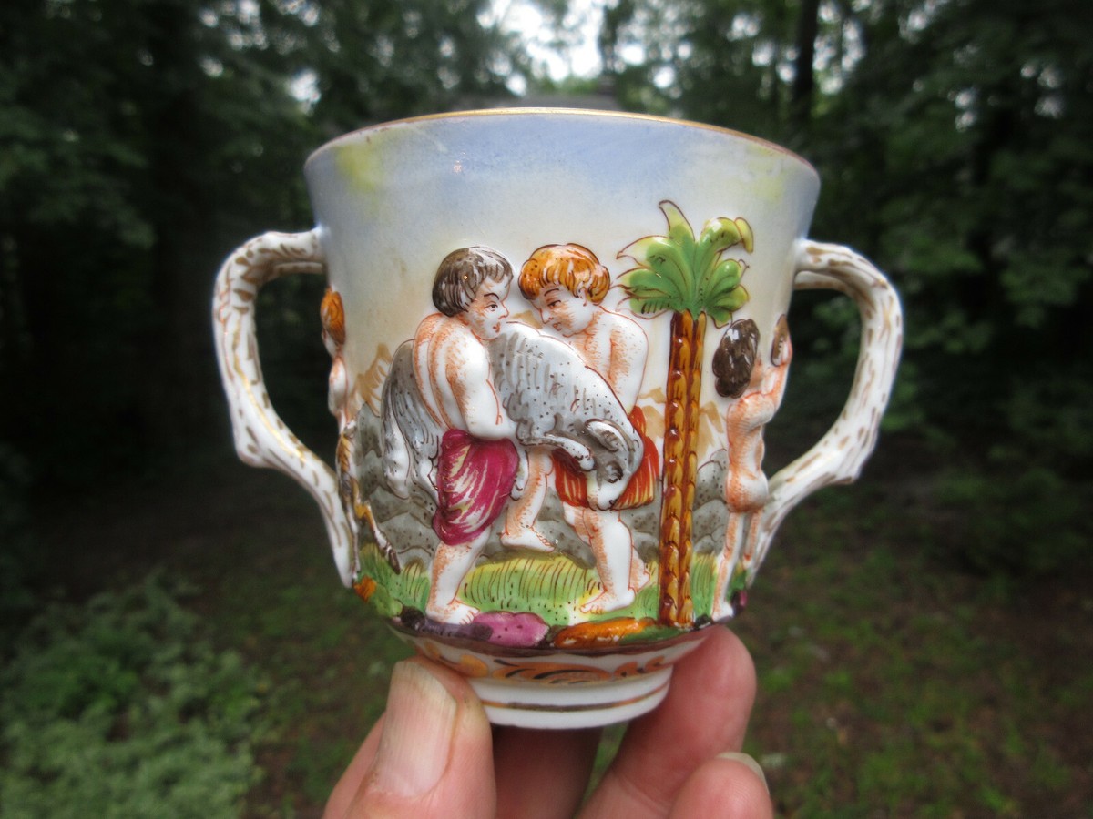 Antique 19th C. Capodimonte Porcelain 2 Handled Tea Cup & Saucer N