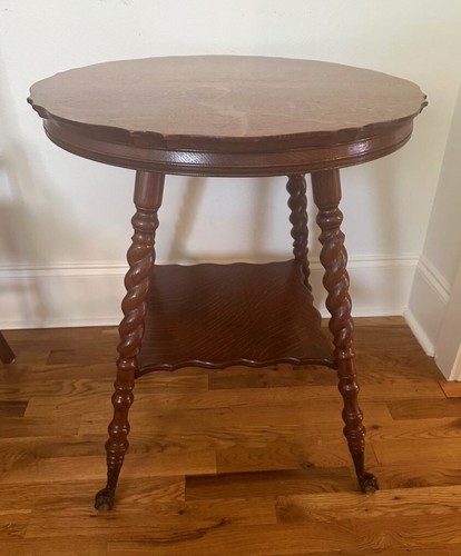 Antique Quarter Sawn Tiger Oak Parlor Lamp Table w Glass Ball & Claw Feet