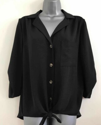 NEW ex Wallis Black Button Up Collarless Casual Loose Fit Blouse Shirt Top 10-20 | eBay