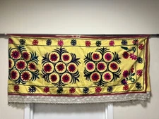 Vintage black suzani fabric, Uzbek tapestry wall hanging, embroidered Long Tent