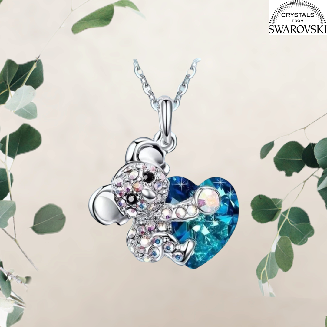 Collana con ciondolo Koala in argento sterling con cuore e cristallo