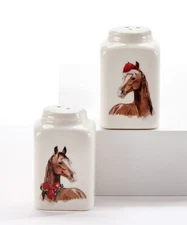 Horse Salt and Pepper Shaker Set Ceramic 2.8" High Wreath Santa Hat Red Bow