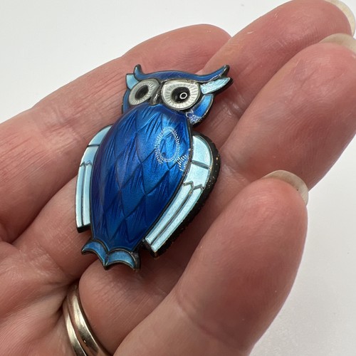 Vintage Norway David Andersen Sterling Silver Guilloche Enamel Owl Bird Pin - Picture 4 of 8