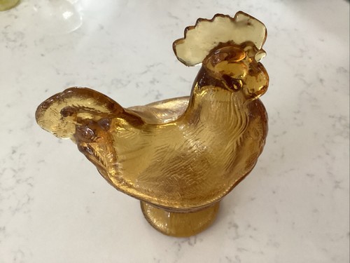 Vintage Amber Honey Glass Rooster Chicken Basket Pedestal Dish Farmhouse Country - Picture 3 of 5