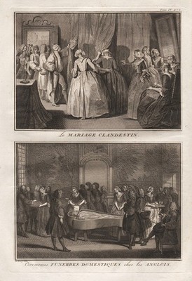 England English Hochzeit wedding Beerdigung funeral Sarg coffin Kupferstich 1720