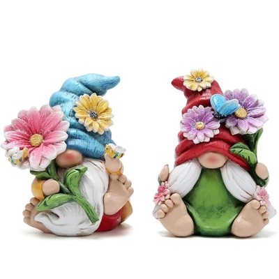 Hodao 2PCS Spring Flower Gnome Figurines Decorations Resin Summer Gnomes Plush