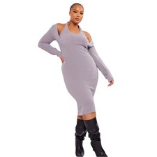 Pretty Little Thing PLUS Grey Knit Long Sleeve Midi Dress Sweater Dress XL Sexy