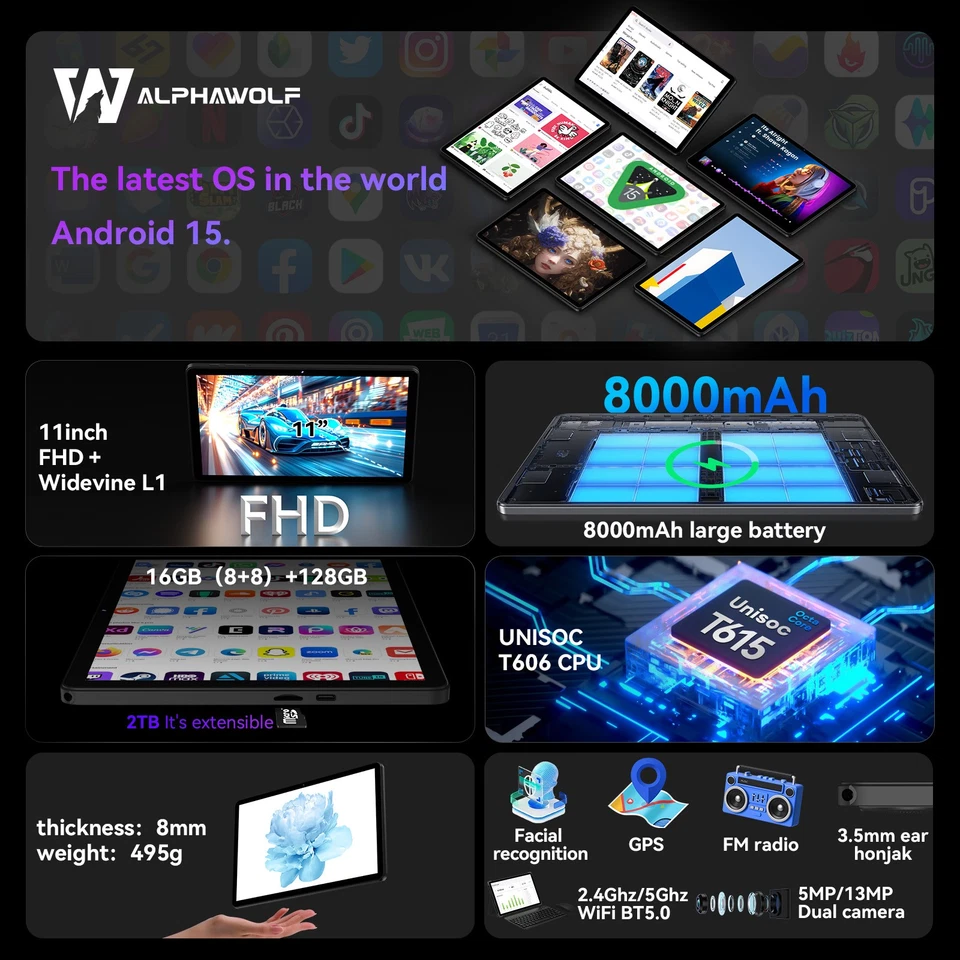 2025 Newest Android 15 Wi-Fi tablet 11" 16GB+128GB FHD tablets 8000mAh PD18W GPS - Image 2 of 4