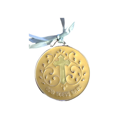 God Bless Baby Gift Decor Ornament Metal Yellow Christening Round