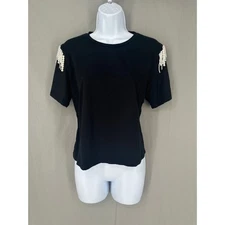 Joie Top Womens Medium Black Pearl Fringe Beaded Tee Boxy Cotton Short Sleeve