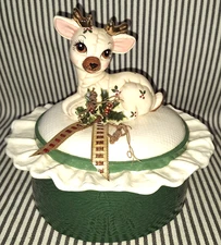 VTG KIMPLE MOLD CHRISTMAS QUILTED REINDEER COVERED CANDY DISH BOWL PAINTED DEER