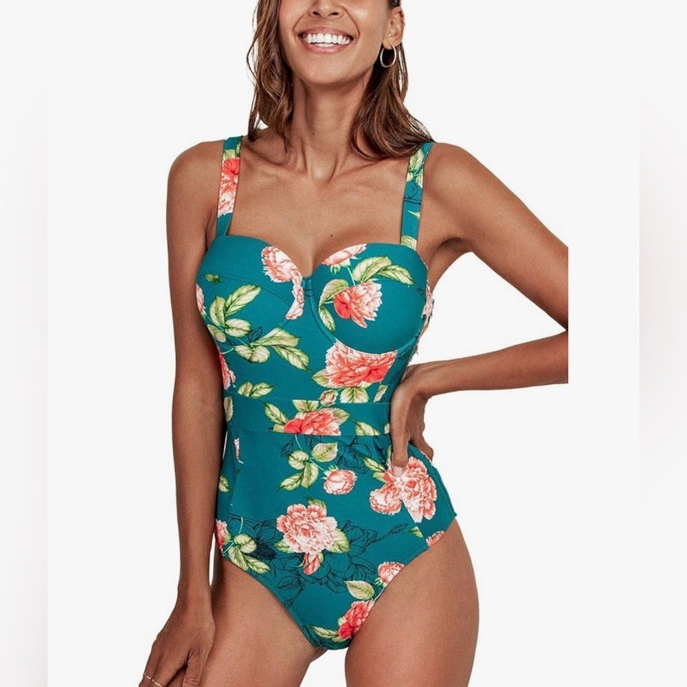 Cupshe Teal Floral Underwire One Piece Swimsuit Orange Rose Print Size 0X NWT