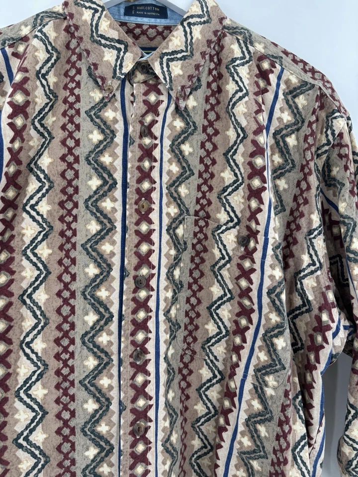 Vintage Chaps Ralph Lauren Button Down Mens Large Beige Striped Aztec Tribal - Image 2 of 4