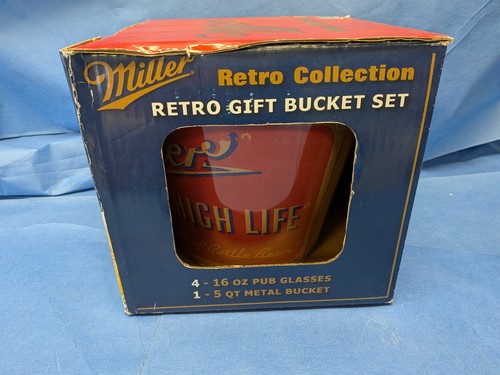 Miller Retro Gift Bucket Set, Pre-owned. 4-16oz Pub Glasses and 5qt. Ice Bucket.
