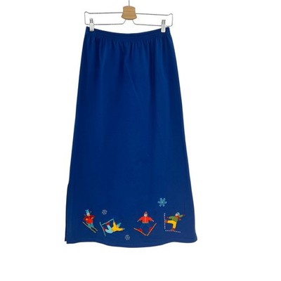 Michael Simon Lite Ski Trip Snowflake Embroidered Novelty Midi Skirt Blue Small
