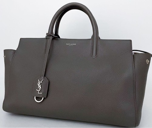 YSL Saint Laurent Tote Shoulder Bag Gray Leather Logo Zip Closure Women's