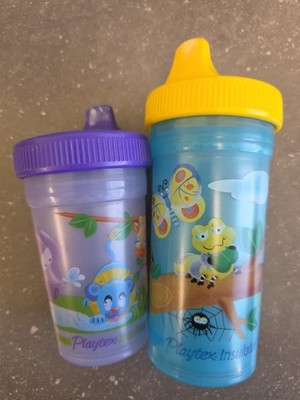Lot Of 2 Vintage Playtex Insulator Sippy Cups Purple & Blue Bugs