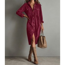 Womens Burgundy Corduroy Button Down Shirt Dress Long Sleeve Midi Wine Red