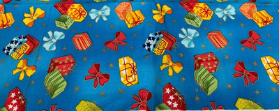 DAVID TEXTILES - PRESENTS ON BLUE BY BETH ANN BRUSKE-- 3/4 YARD