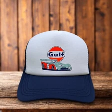 Gulf Oil Motorsport Racing Mens Trucker Hat Navy Snapback Nascar Drag Race Cap