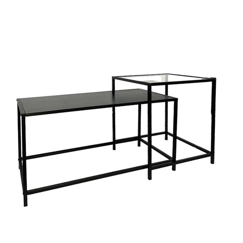 Set Of 2 Coffee Table Black Large Nesting Tables Side Table with Clear Glass Top - Picture 3 of 13