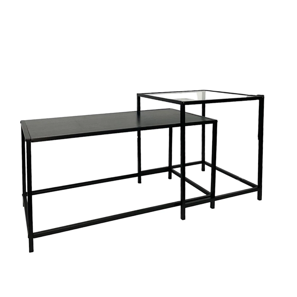 Set Of 2 Coffee Table Black Large Nesting Tables Side Table with Clear Glass Top - Image 3 of 4