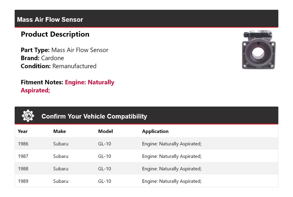 Sensor de flujo de aire de masa de aspiración natural Cardone 1987 para Subaru GL-10 1986-1989 Foto 2 de 4
