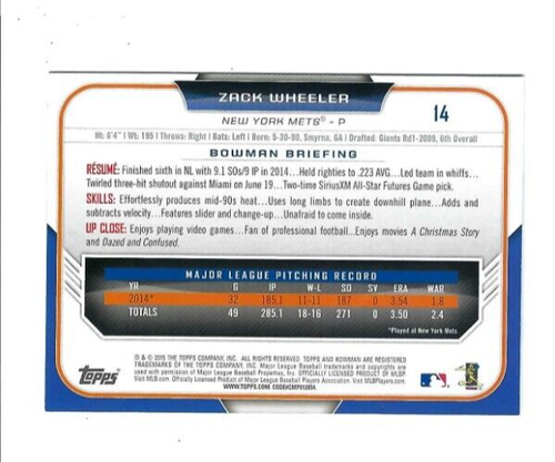 2015 Bowman #14 Zack Wheeler New York Mets - 第 4/4 張圖片