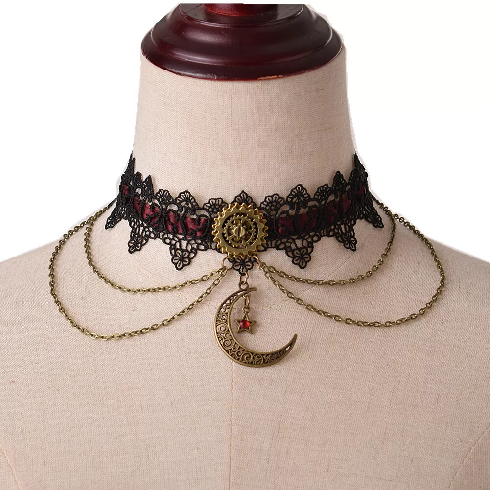 Women Necklace Gothic Punk Lace Moon Choker Steampunk Cosplay Neck  Accessories