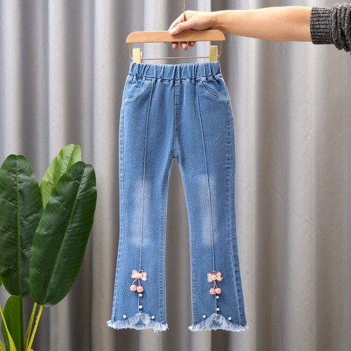 Pantalones de mezclilla para niñas Niños Lazo Primavera Otoño Elásticos Pierna ancha Bebé Cuerno Pantalones largos - Imagen 24 de 42