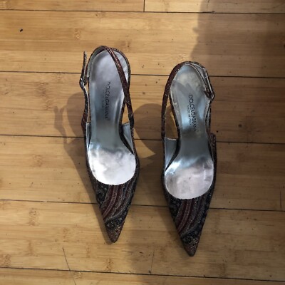 Dolce  & Gabbana Burgundy Black Gold Metallic Brocade Paisley Slingback Heel Sz6