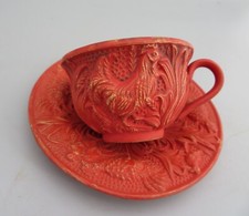 SMALL CUP & SAUCER STAMPED FGW. DECORATED WITH BIRDS CHICKENS  F GERBING WITWE