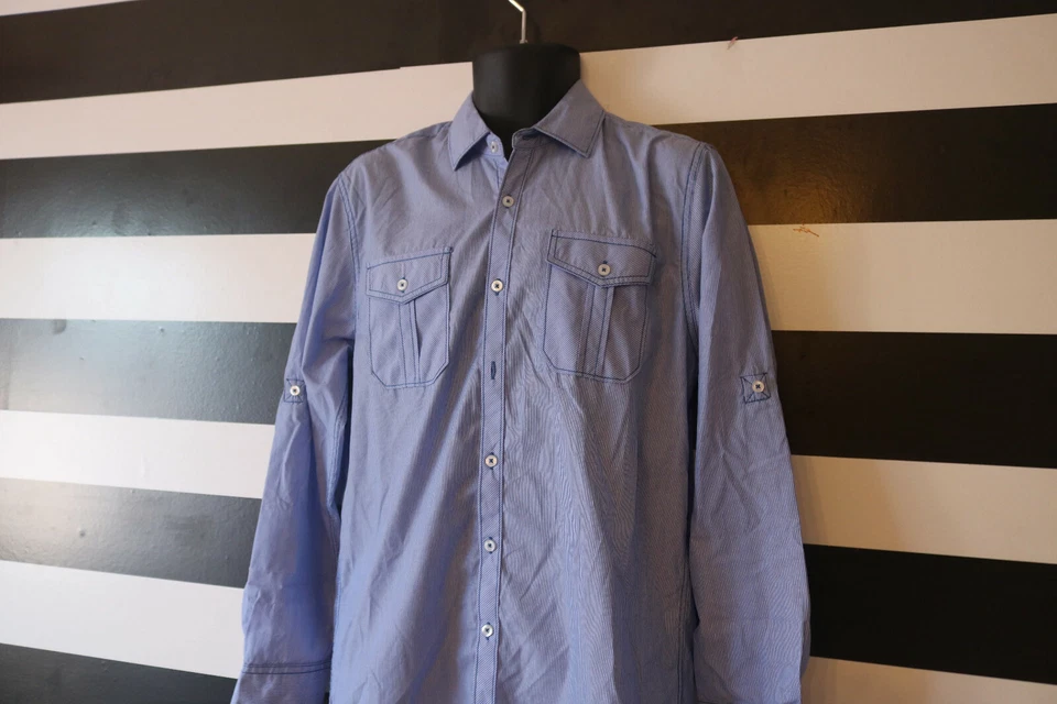 Camisa Michael Brandon Para Hombre Rayas Azules y Blancas Mezcla de Algodón Abotonada Talla S Foto 4 de 4