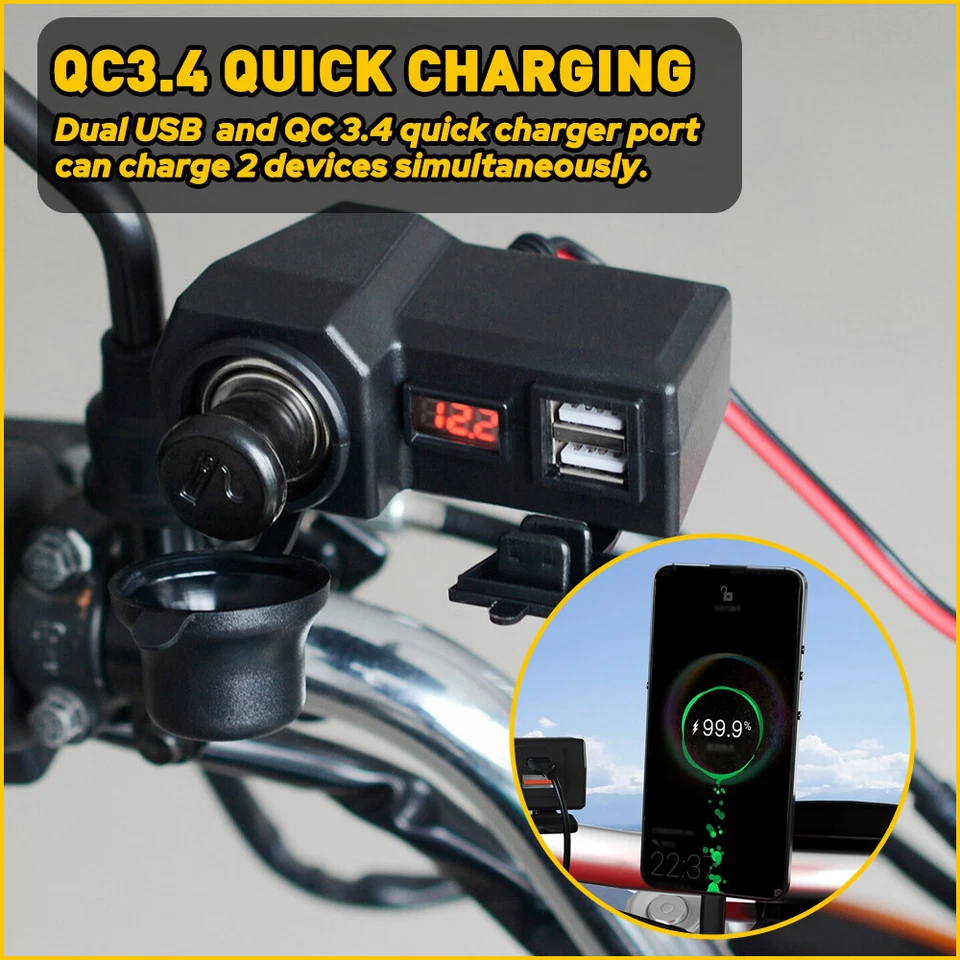 Motorcycle Phone USB Power Charger Voltmeter Cigarette Lighter Socket Waterproof - Image 3 of 4