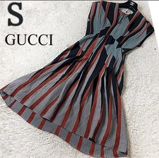 GUCCI Silk Dress S Gray Multi-Color A-Line Logo Frayed Used