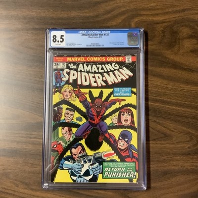 Amazing Spider-Man #135 CGC 8.5 WHITE Pages 2nd Punisher Origin Tarantula 