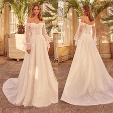 Sweetheart Wedding Dress Puff Sleeves Zipper Bling Tulle Sweep Train Bride Gown