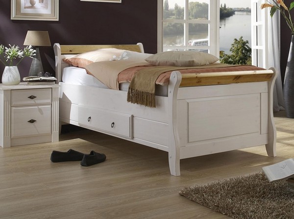 Einzelbett Mit Schublade Eva 100X200Cm Kiefer Massiv Weiß Gelaugt GeöLt Landhaus-image