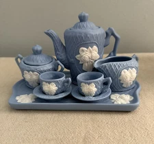 Vintage Miniature Children Blue Raised Floral Bisque Tea Set 10 PC (read)